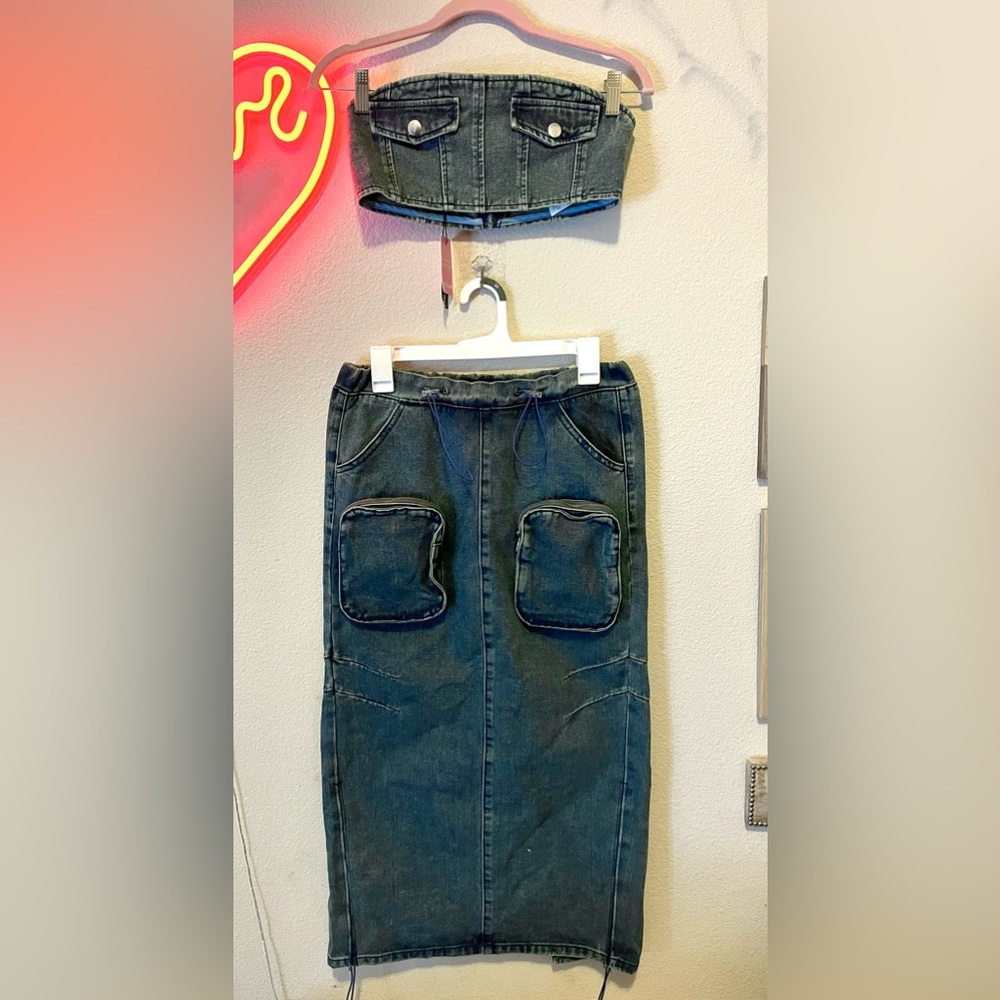 Indigo Vintage wash denim PrettyLittleThing set